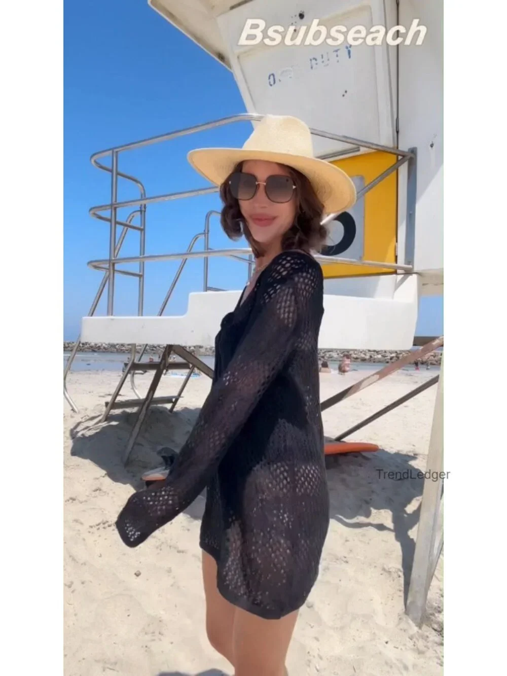 Crochet Coverup Long Sleeve V Neck Knit Beach Bathing Suit Cover Up Mesh Hollow